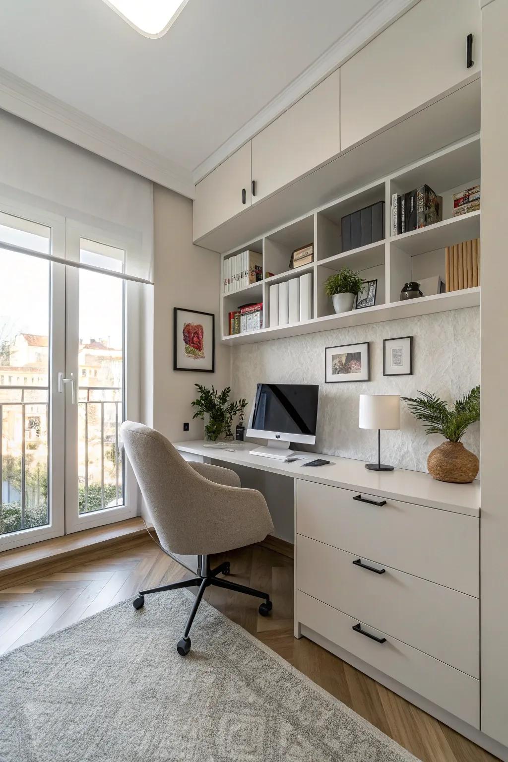 Minimalist furniture arranged in a contemporary home office setting.