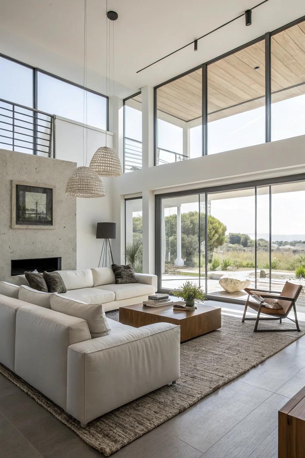 A living room featuring minimalist design components that radiate tranquility.