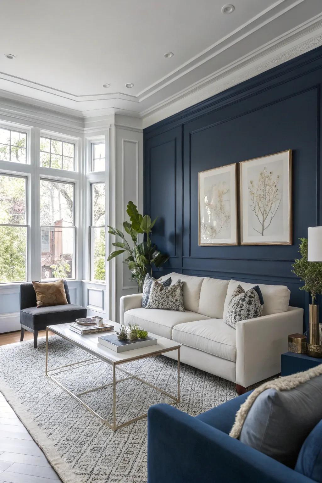 A gorgeous living area displaying the strong contrast between deep blue and white.