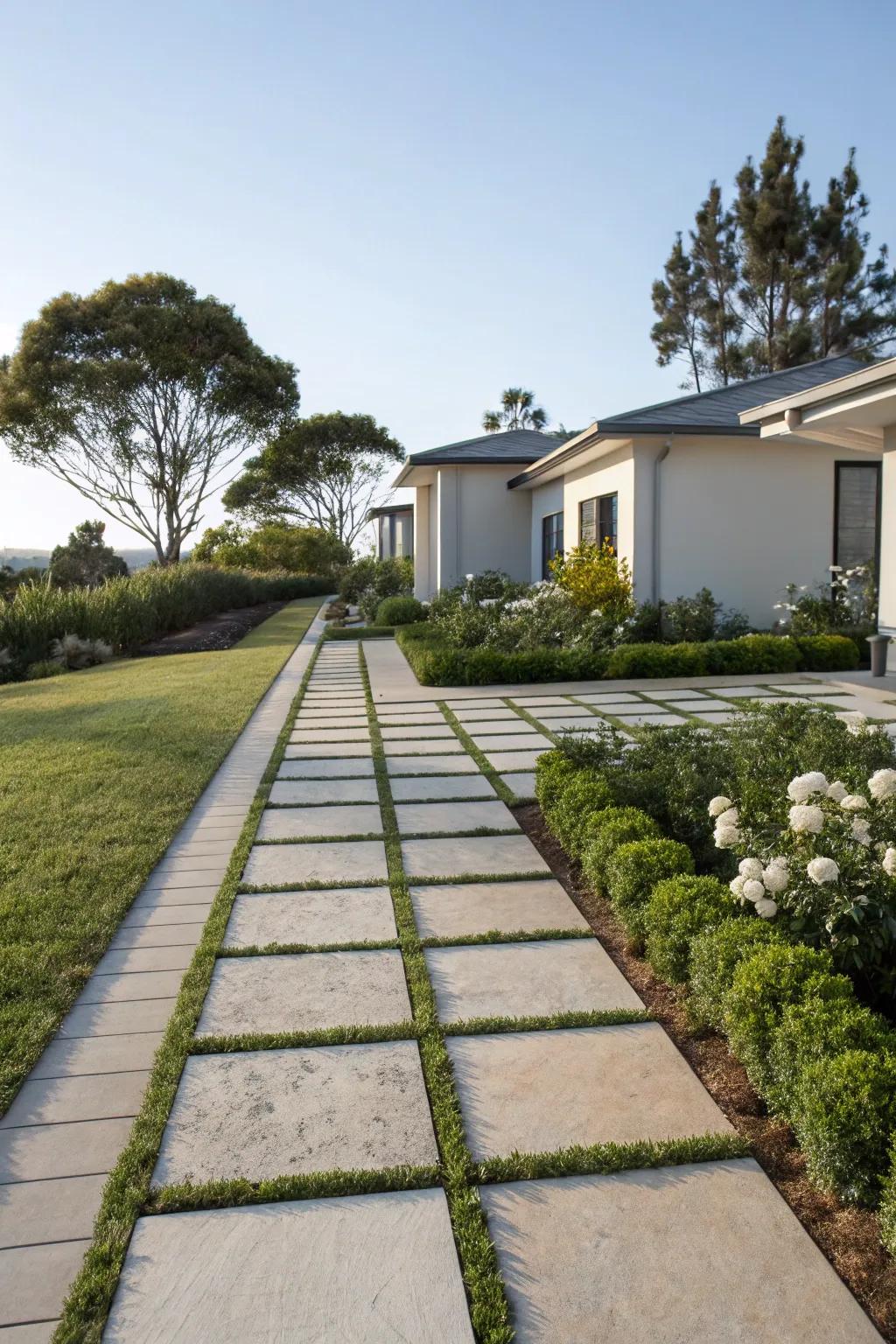 A contemporary front yard showcasing expansive pavers arranged in a pristine, minimalist walkway.