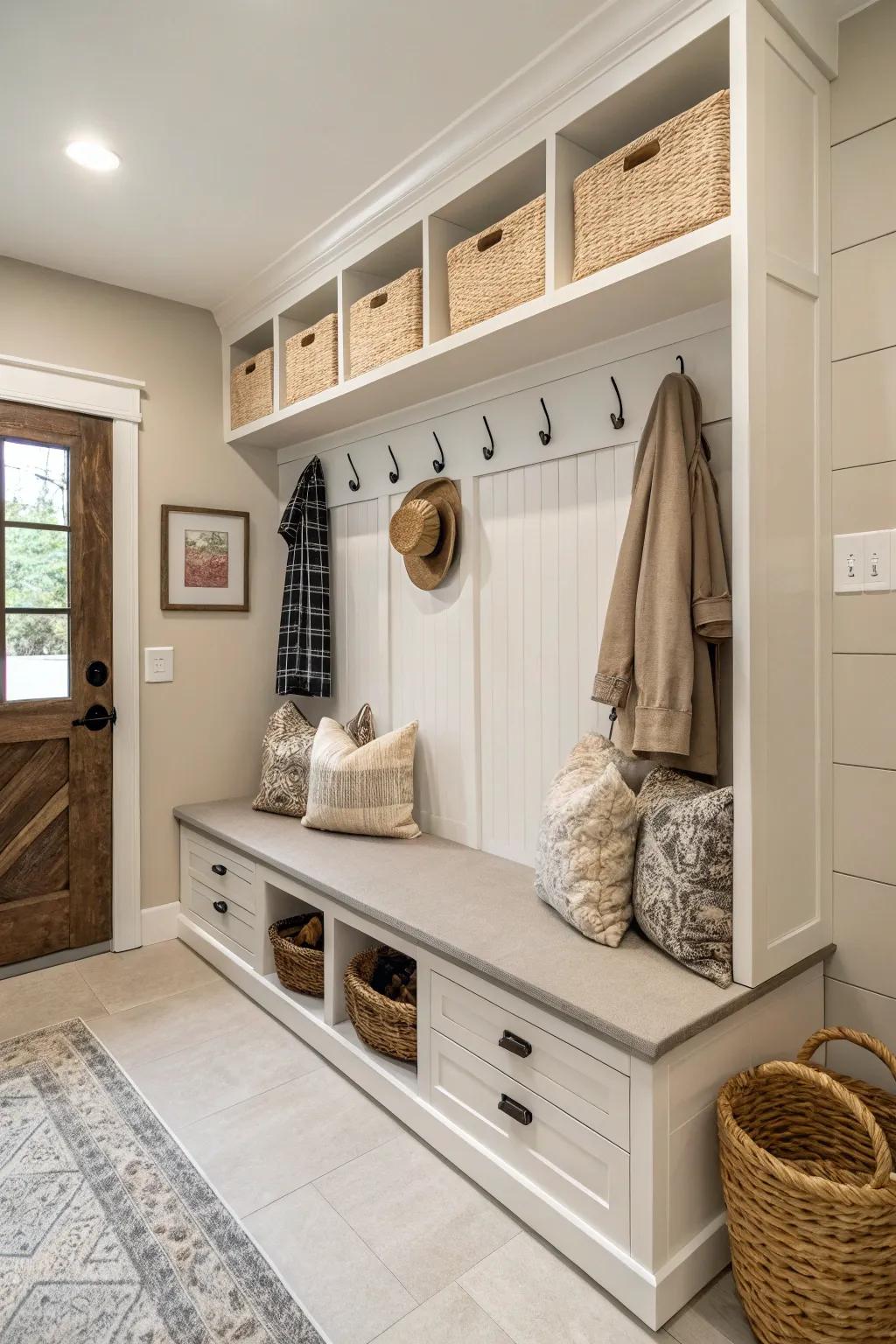 Streamlined bench seating complemented by tucked-away storage ensures a clutter-free mudroom.