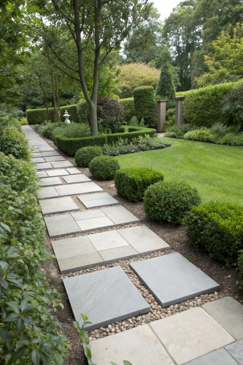 A contemporary garden walkway featuring geometric paving pieces for a striking visual impression.