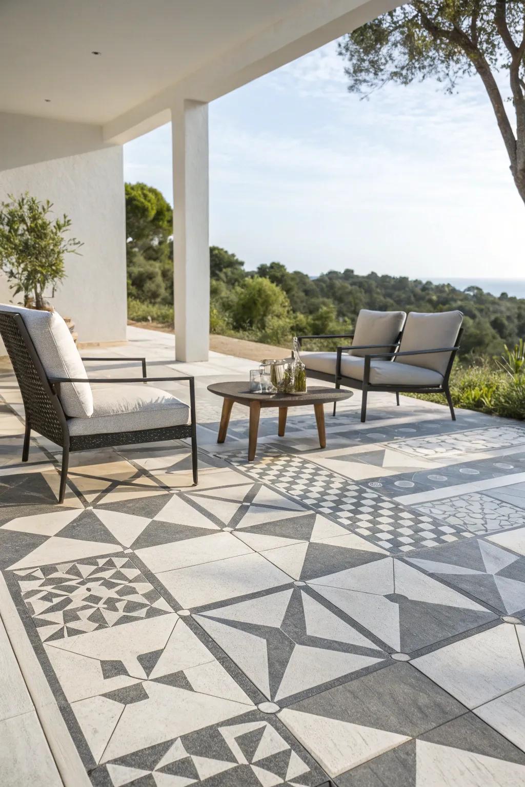 Geometric tiles impart a cutting-edge feel to your patio.