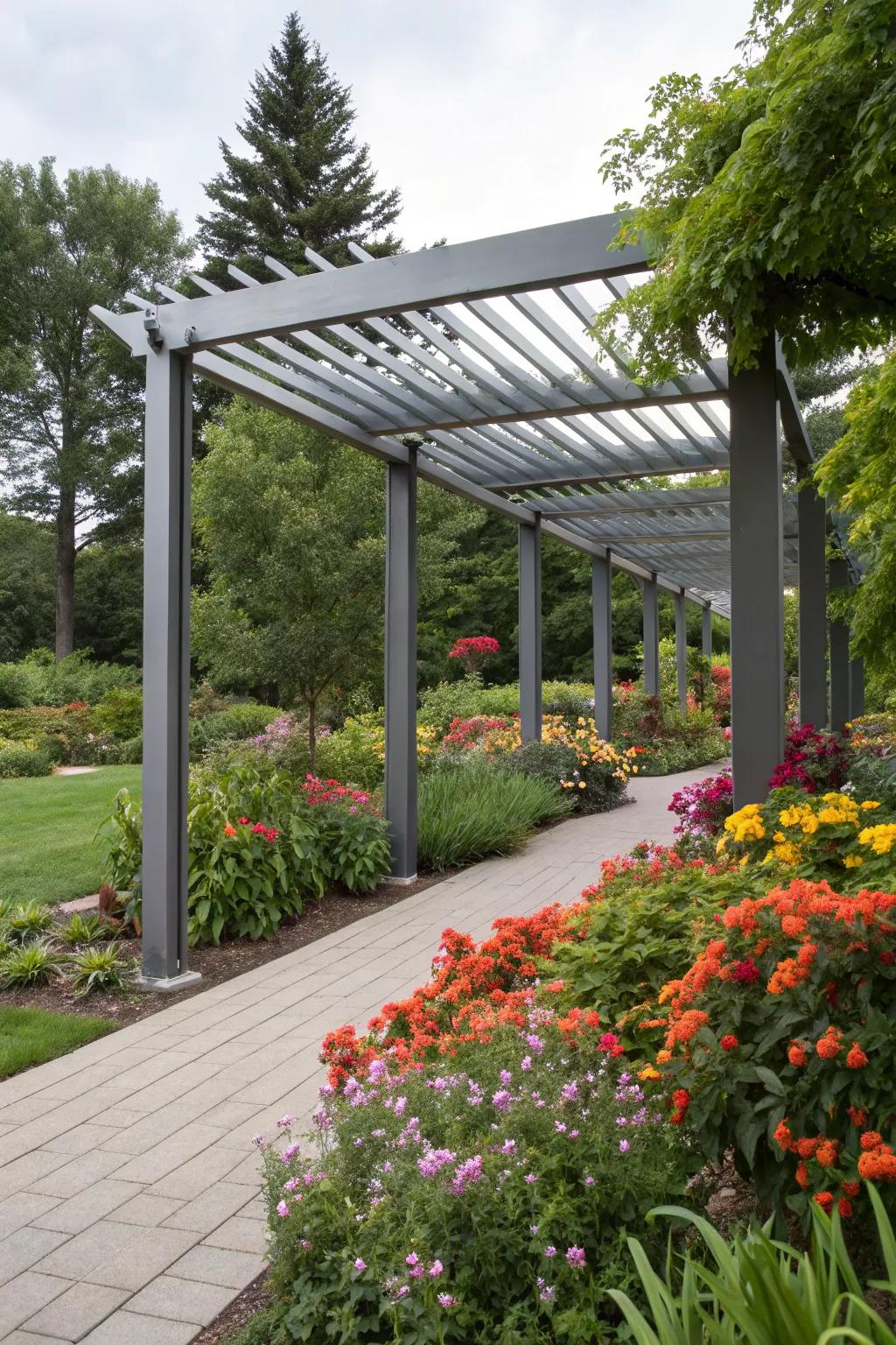 A streamlined metal pergola provides a modern touch to your garden.