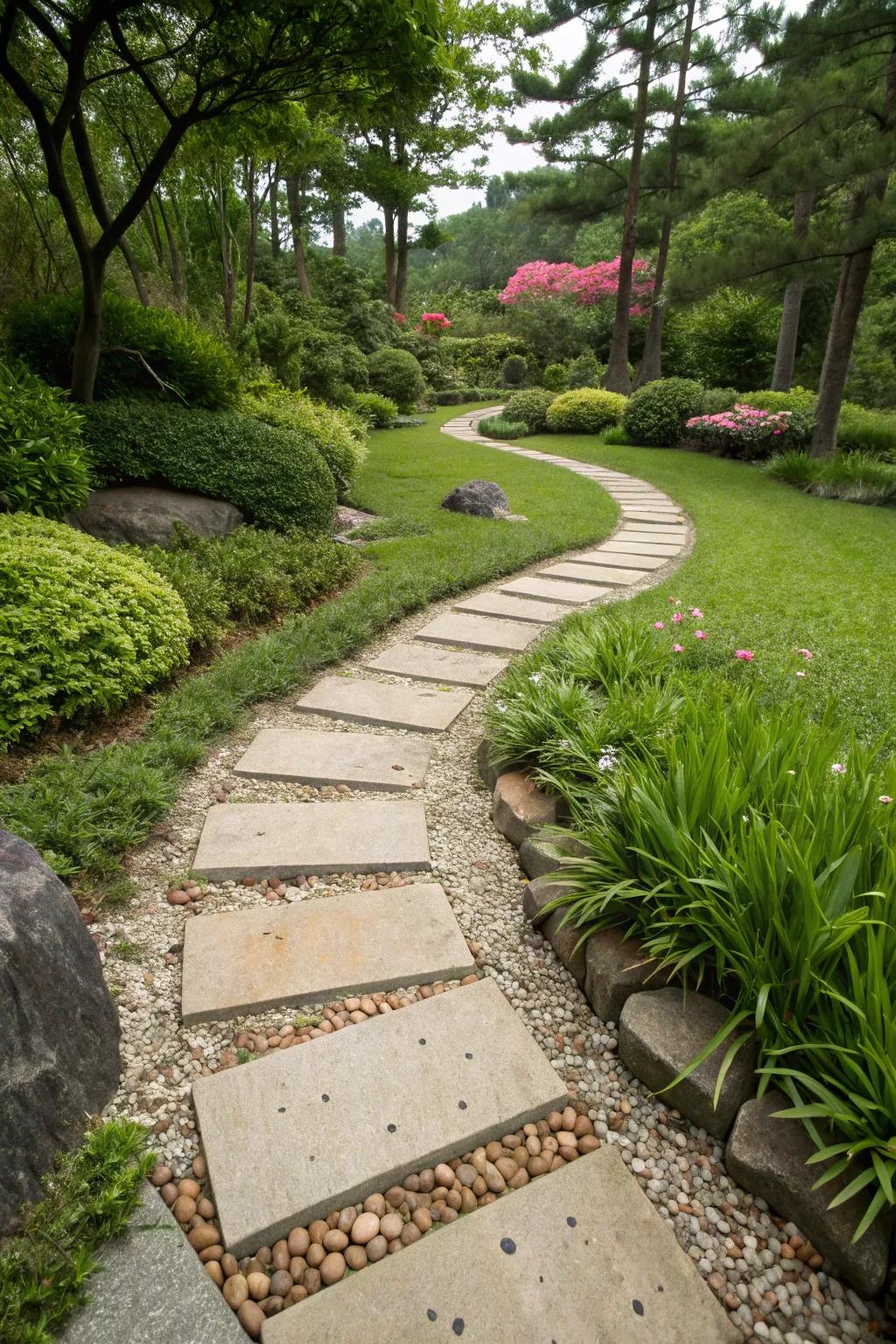 A tranquil flagstone walkway encourages exploration and relaxation.