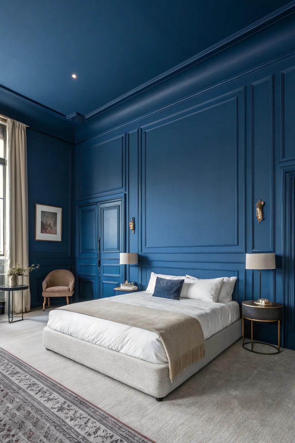 Profound sapphire walls shape a captivating and elegant backdrop in a contemporary bedroom.