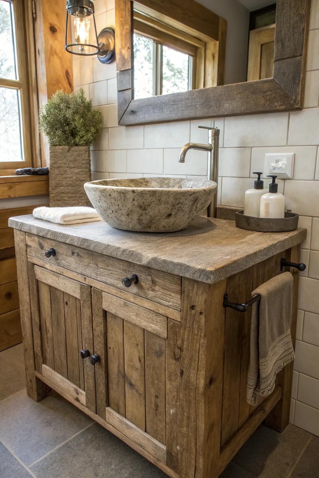 An upcycled wooden vanity harmonizes beautifully with modern fixtures, achieving a flawless rustic aesthetic.