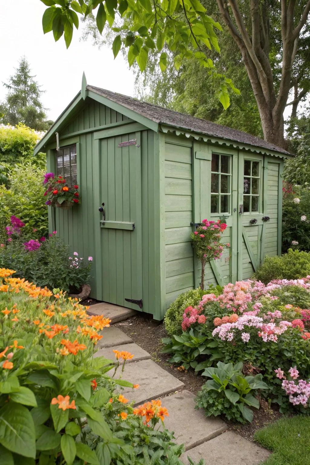 A sage green shed, a serene addition to a lively garden landscape.
