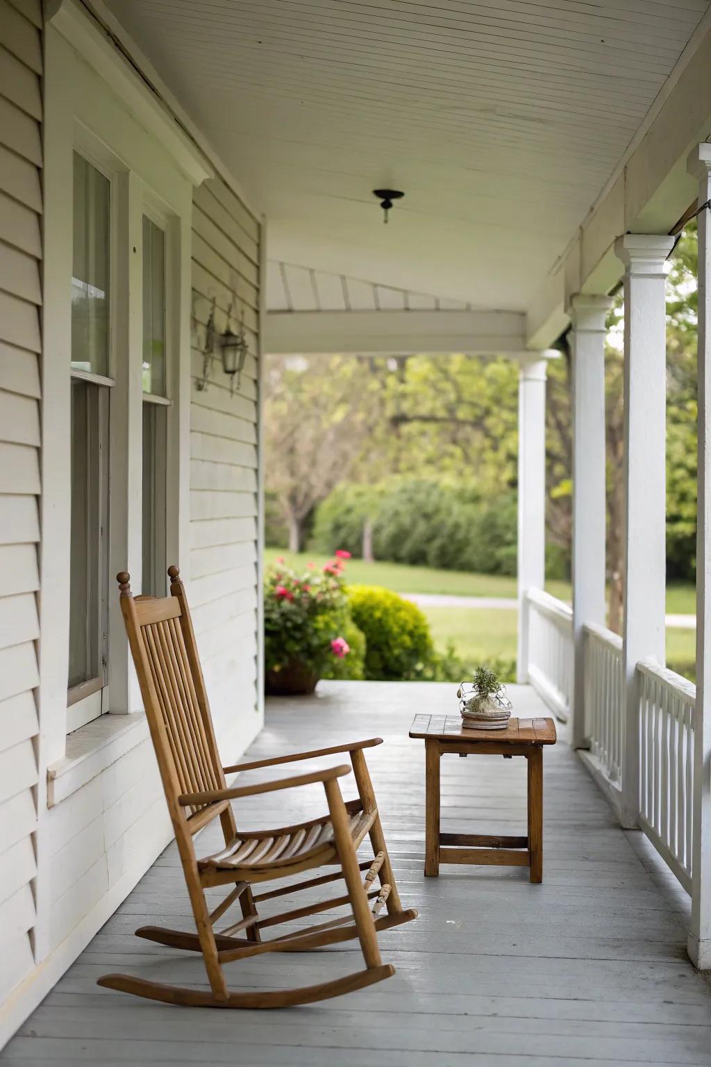 A minimalist small front porch design, showcasing clean lines and simple, elegant furniture.