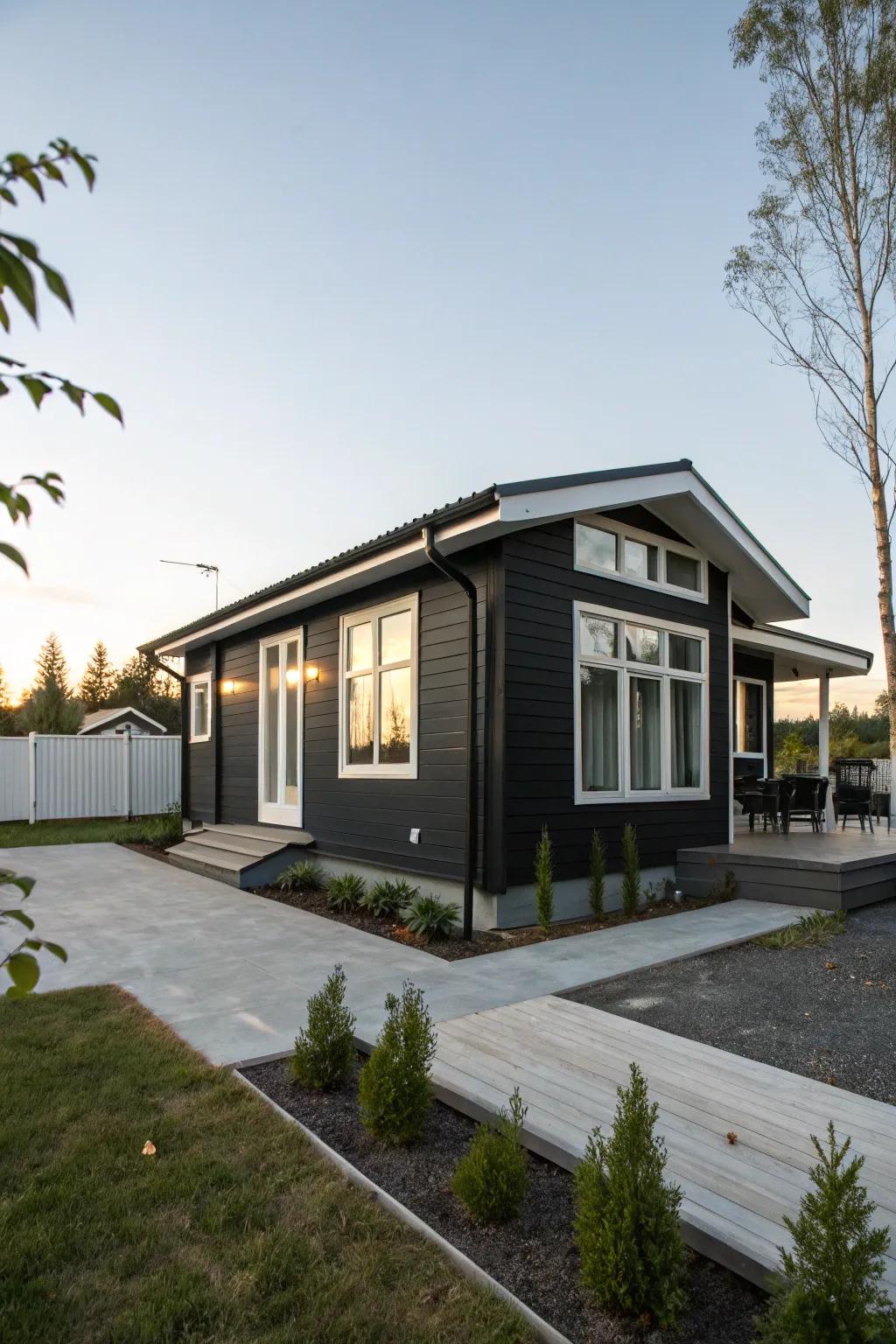 A striking black and white façade introduces dramatic contrast to compact houses.