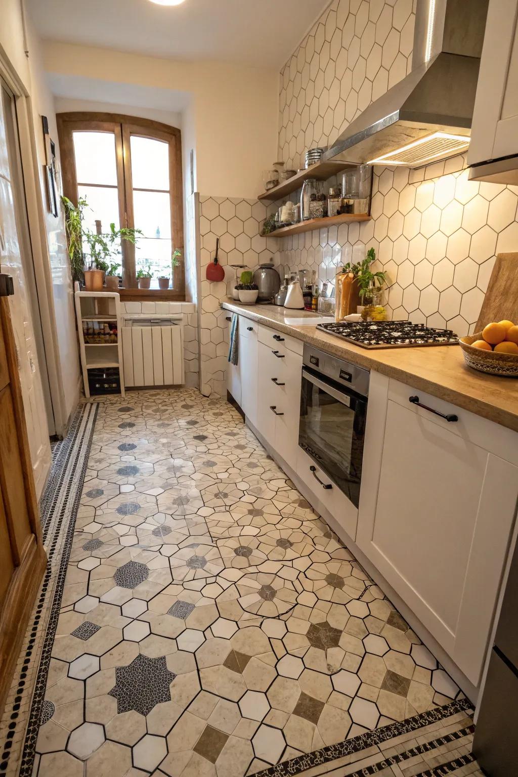 Small kitchen showcasing hexagon patterned floor coverings