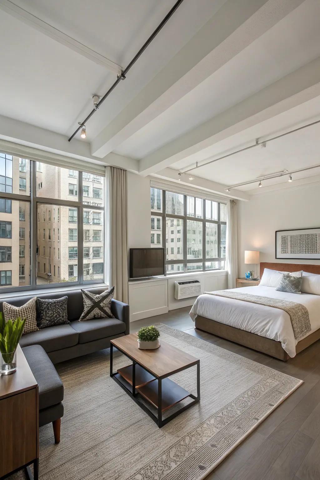 An open-concept contemporary studio apartment that easily blends the living and sleeping areas.