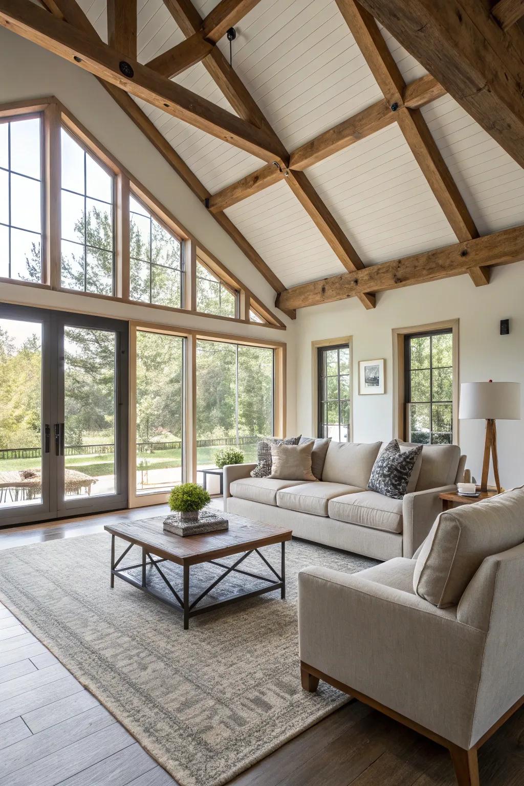 Exposed timber beams infuse warmth and distinctive character into this contemporary living space.