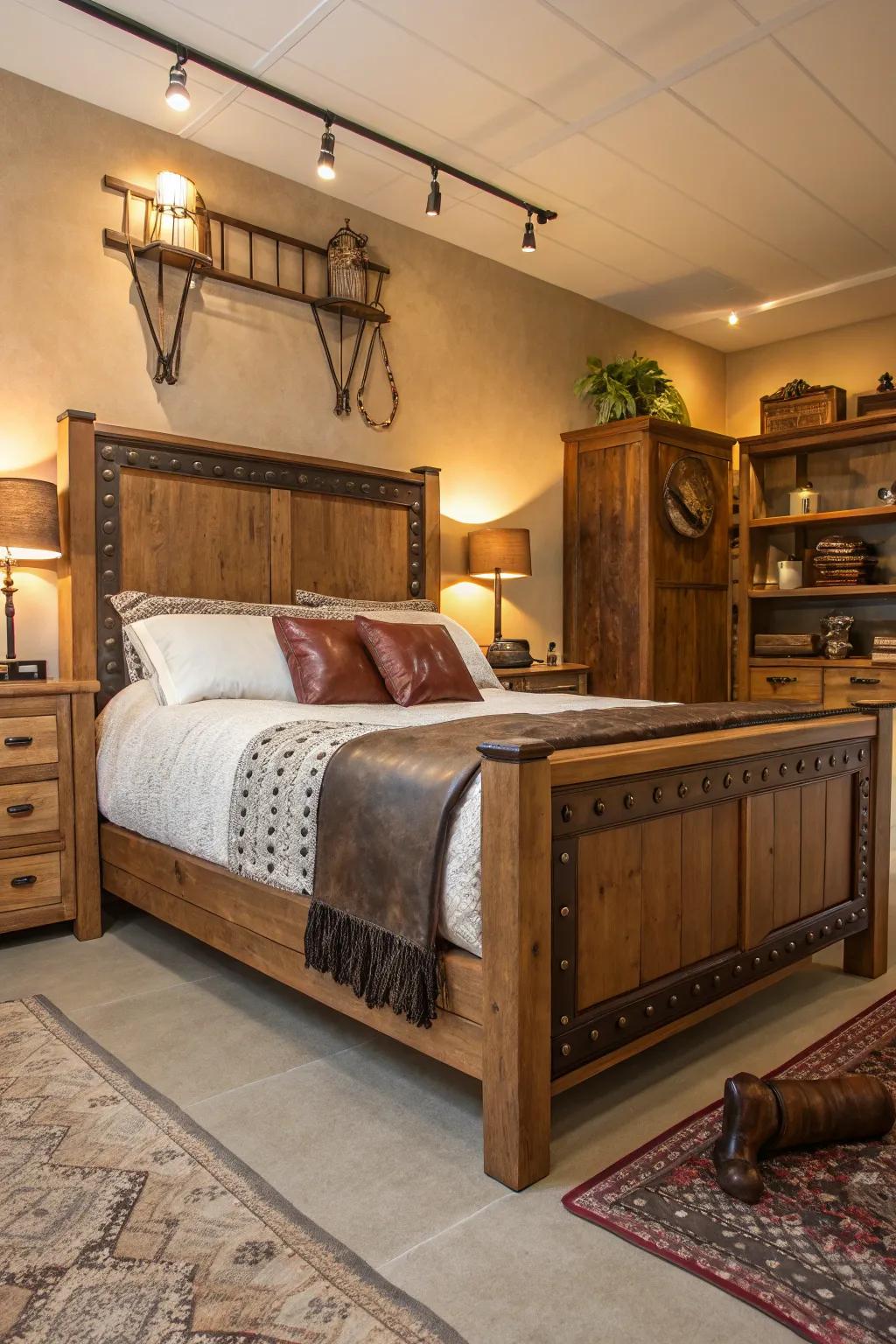 Earthy materials such as timber and hide lay the foundation for a snug western bedroom.