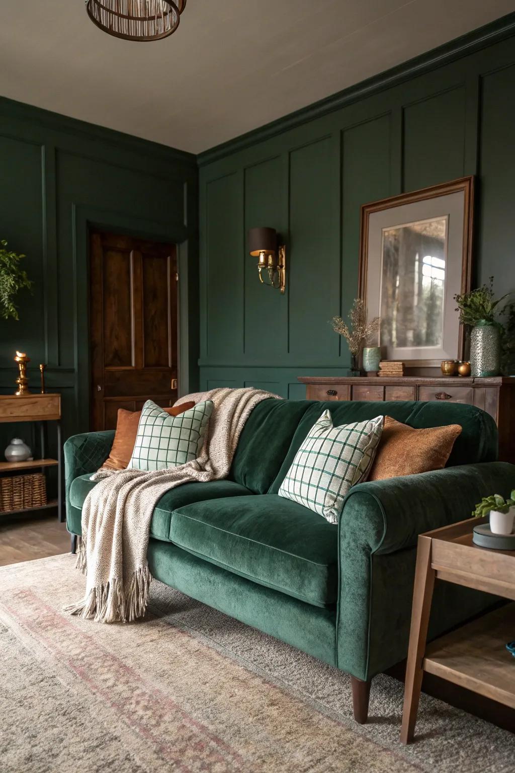 A living room with dark green walls and velvet textures for a moody atmosphere.