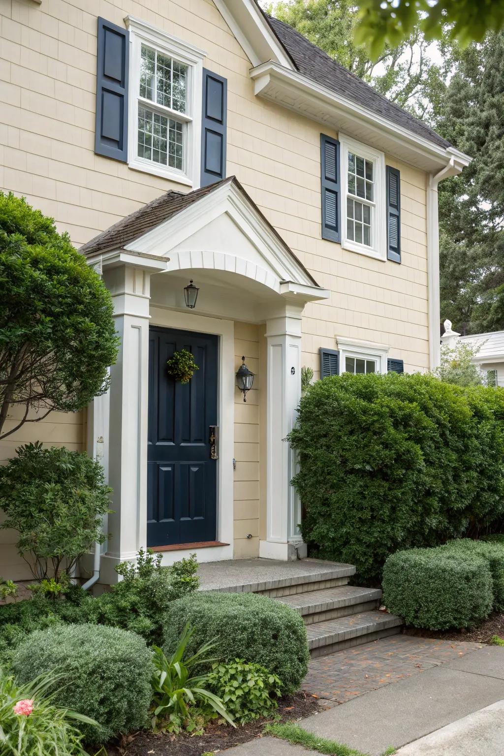 A dark azure front door on a beige house achieves a timeless and polished aesthetic.