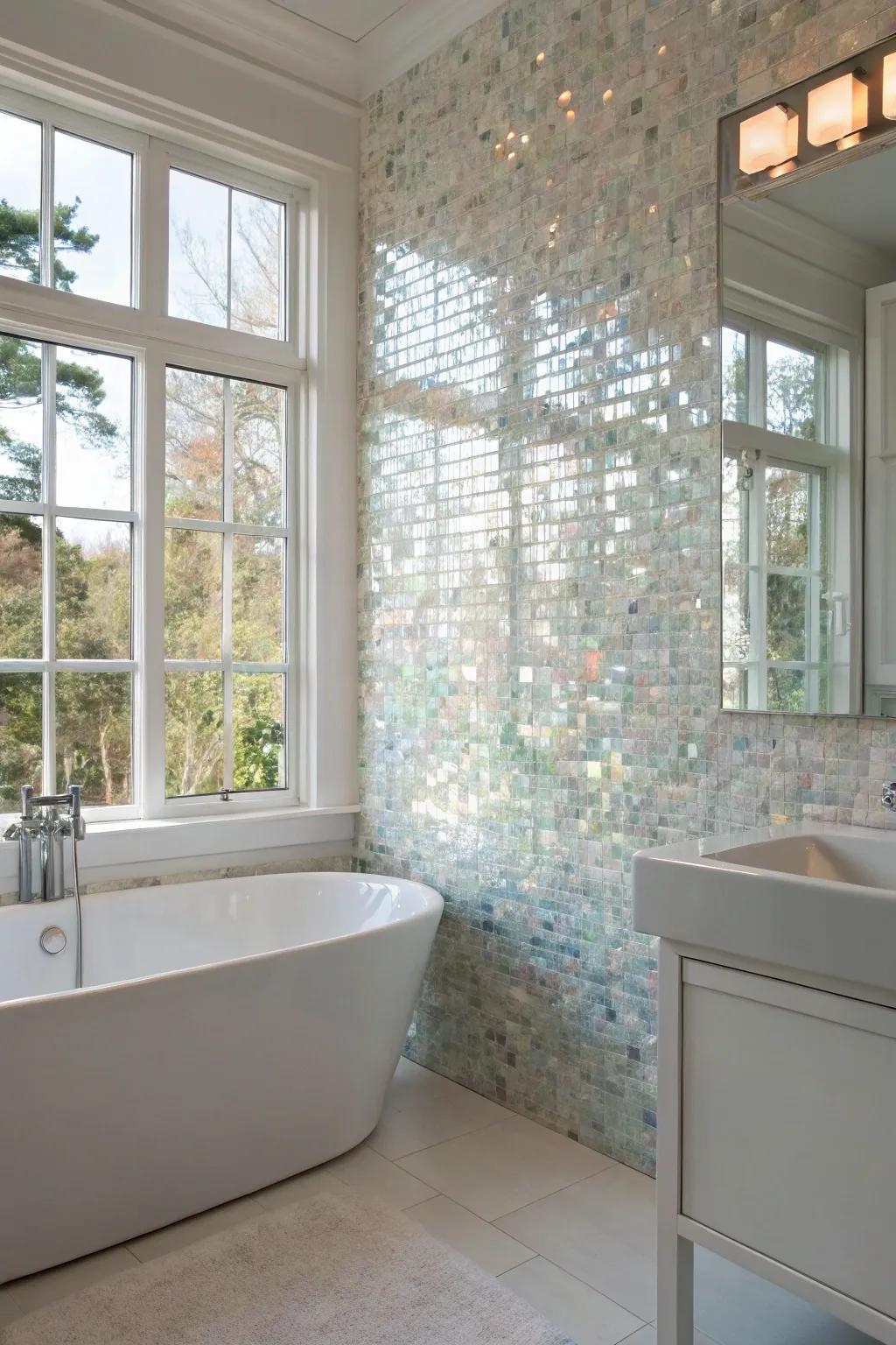 A mother of pearl accent wall infuses a sense of luxury and serenity into your bathroom.