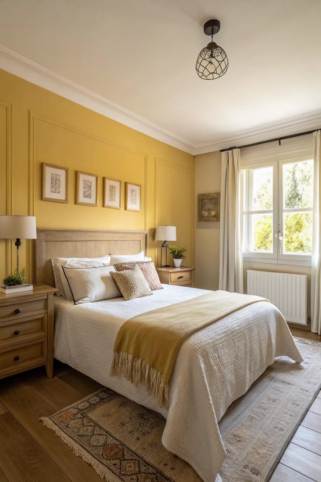 A bedroom featuring a goldenrod-colored accent wall complemented by neutral decor and gentle lighting.