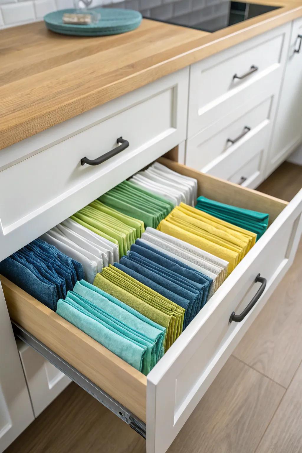 Kitchen drawer featuring napkins sorted by color, offering both style and easy access.