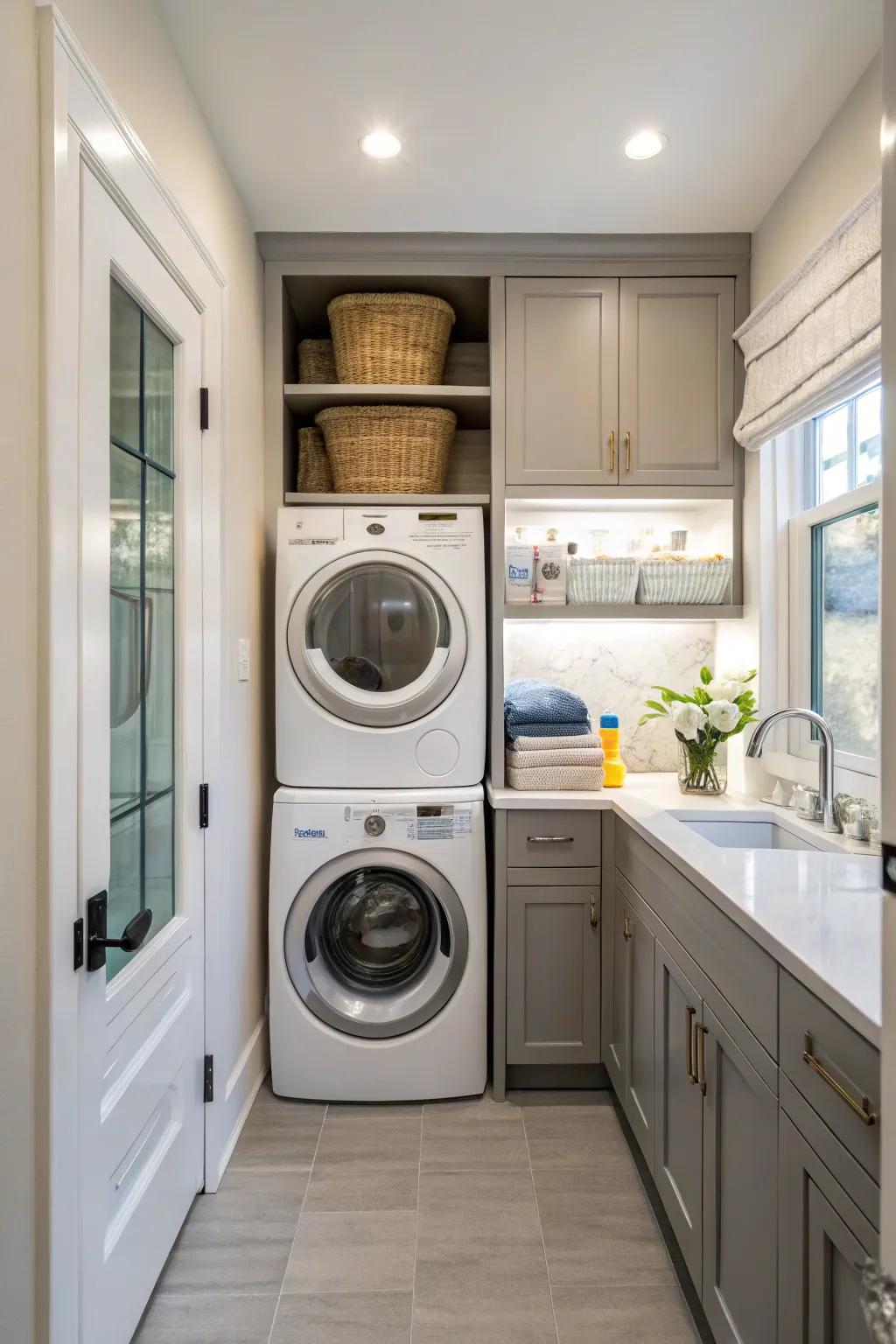 Utilize vertical space by stacking appliances for optimal room usage.