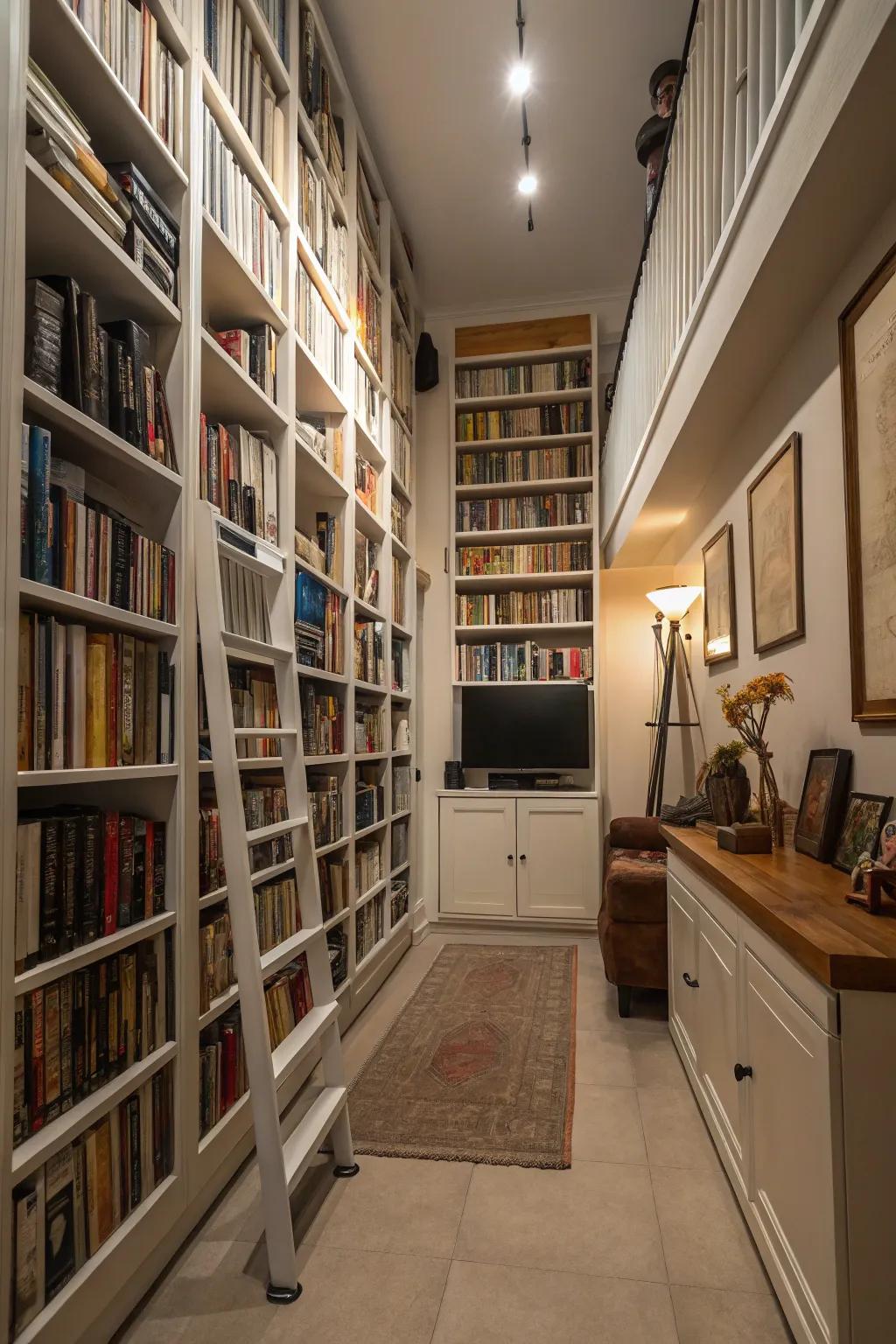 Utilizing vertical space with tall bookshelves in a narrow living area.
