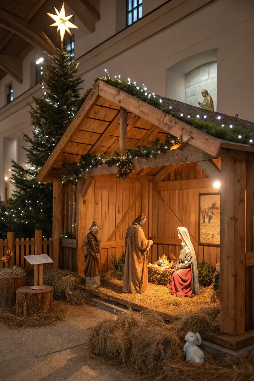 A rustic wooden stable enhances the nativity scene with traditional allure.