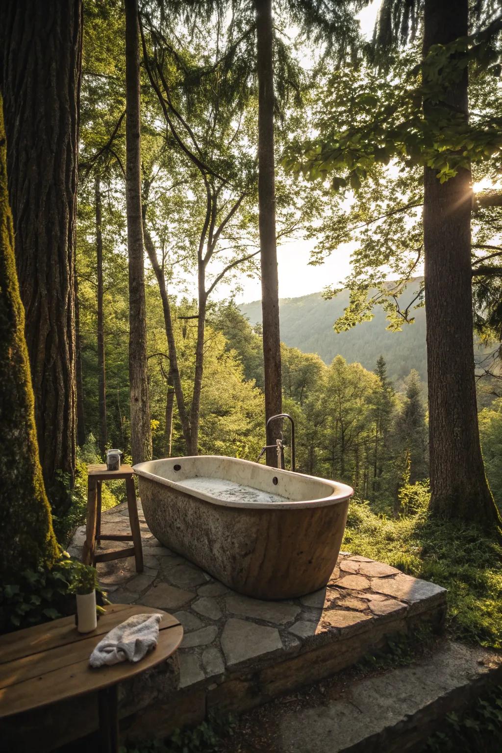 Discover serenity in a forest getaway with a nature-inspired outdoor tub.