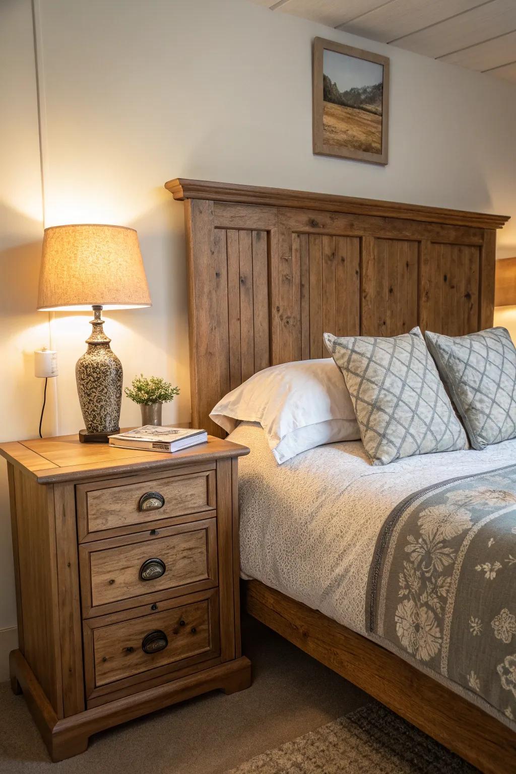 Homespun wooden pieces bring coziness and charm to any bedroom.