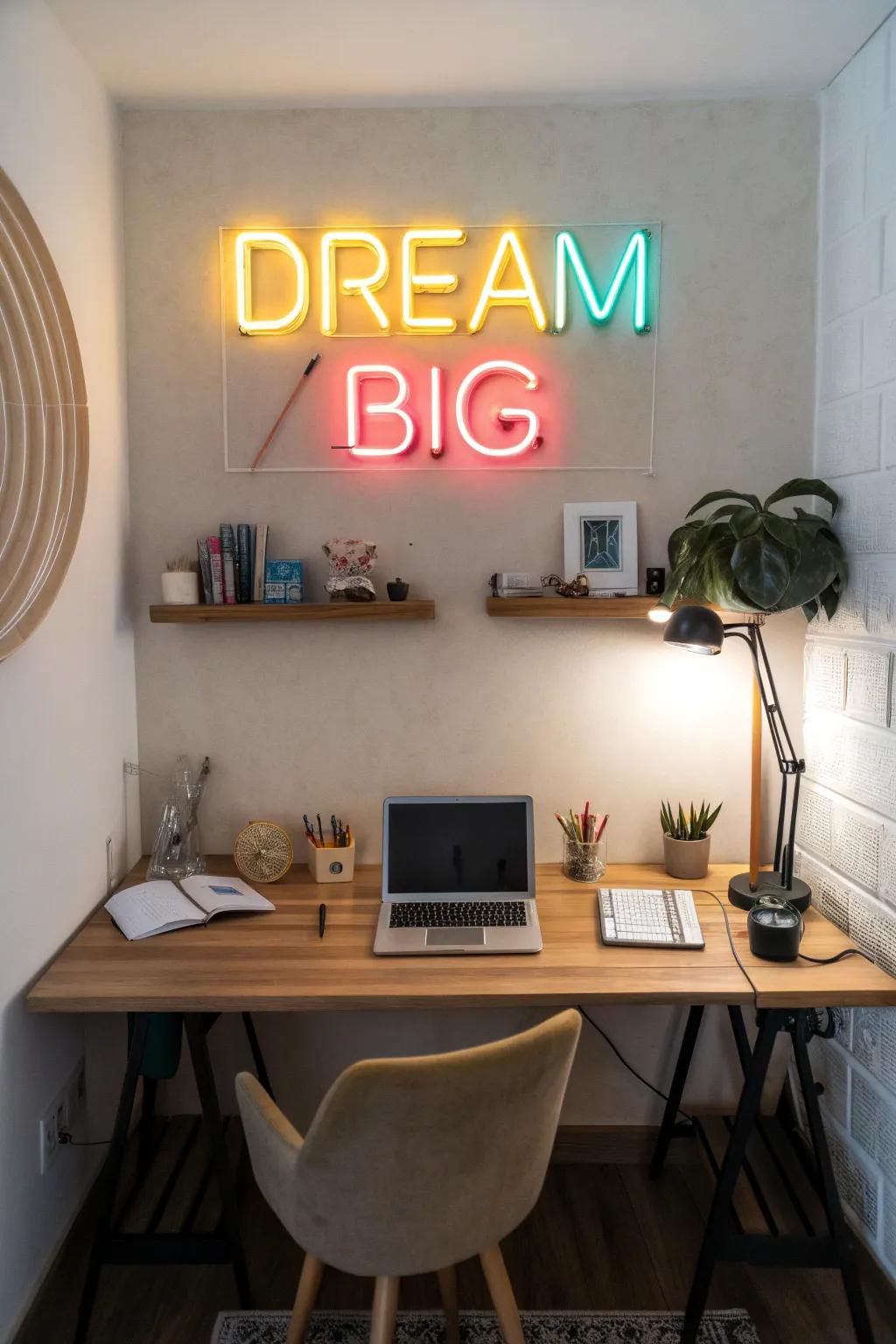 Inspiration bursts forth with a 'Shine Bright' neon sign in a home office.