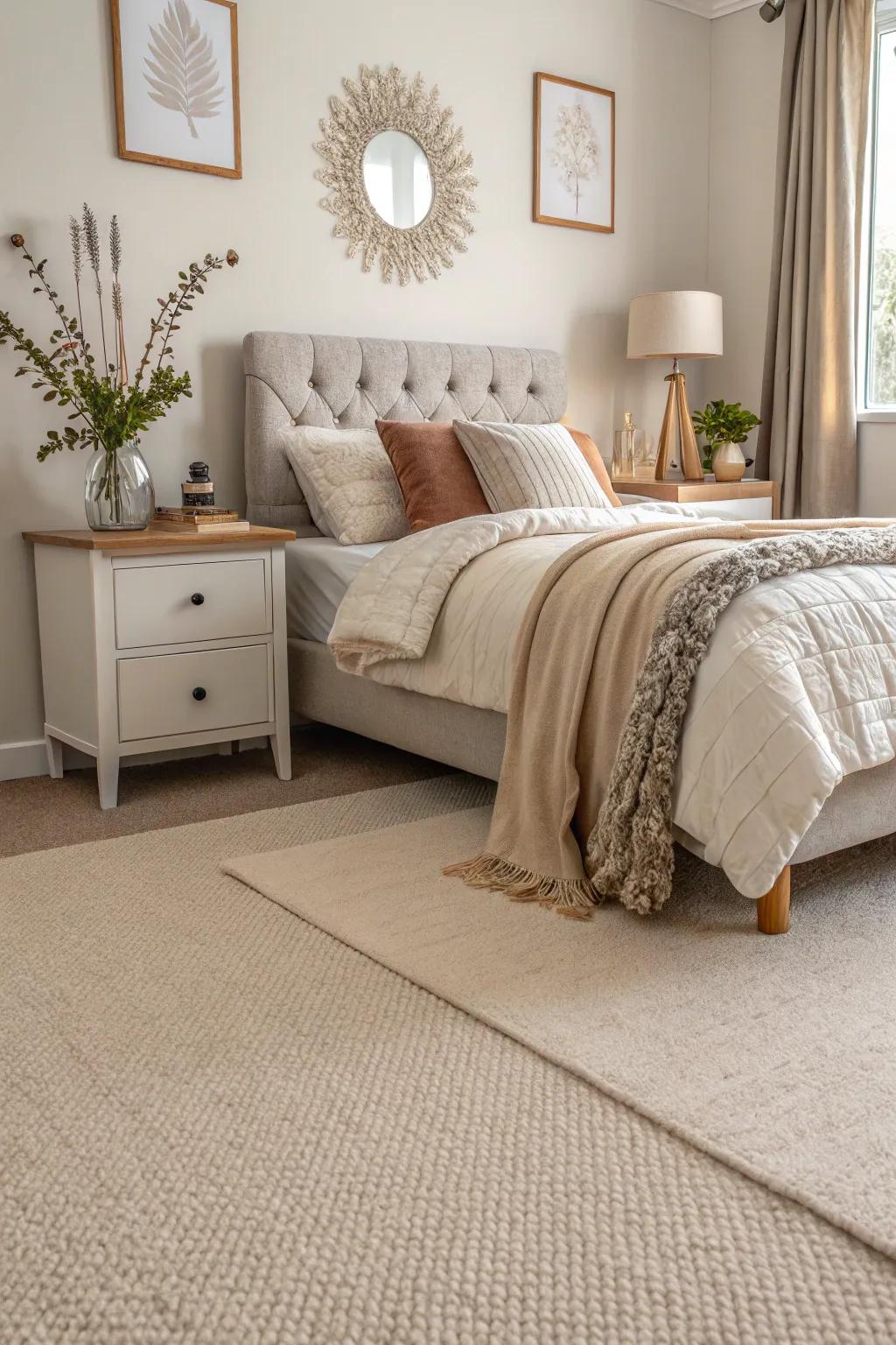 A gentle beige carpet enriches any bedroom with adaptability and comfort.