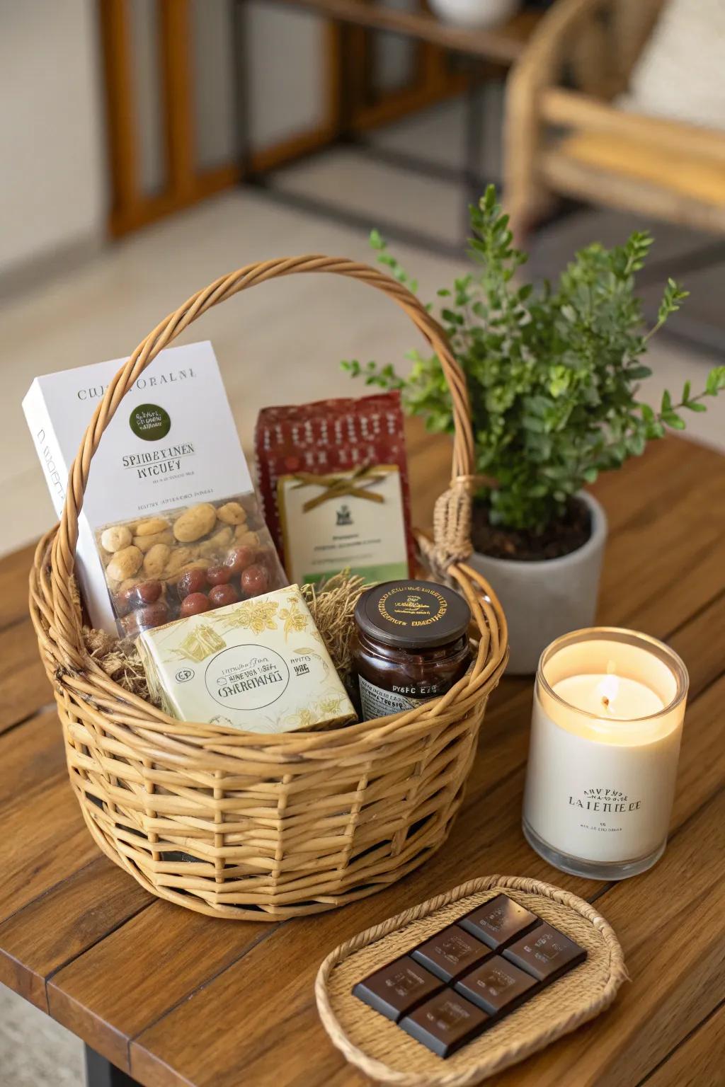 A thoughtfully assembled basket including choice treats and fundamental home items.