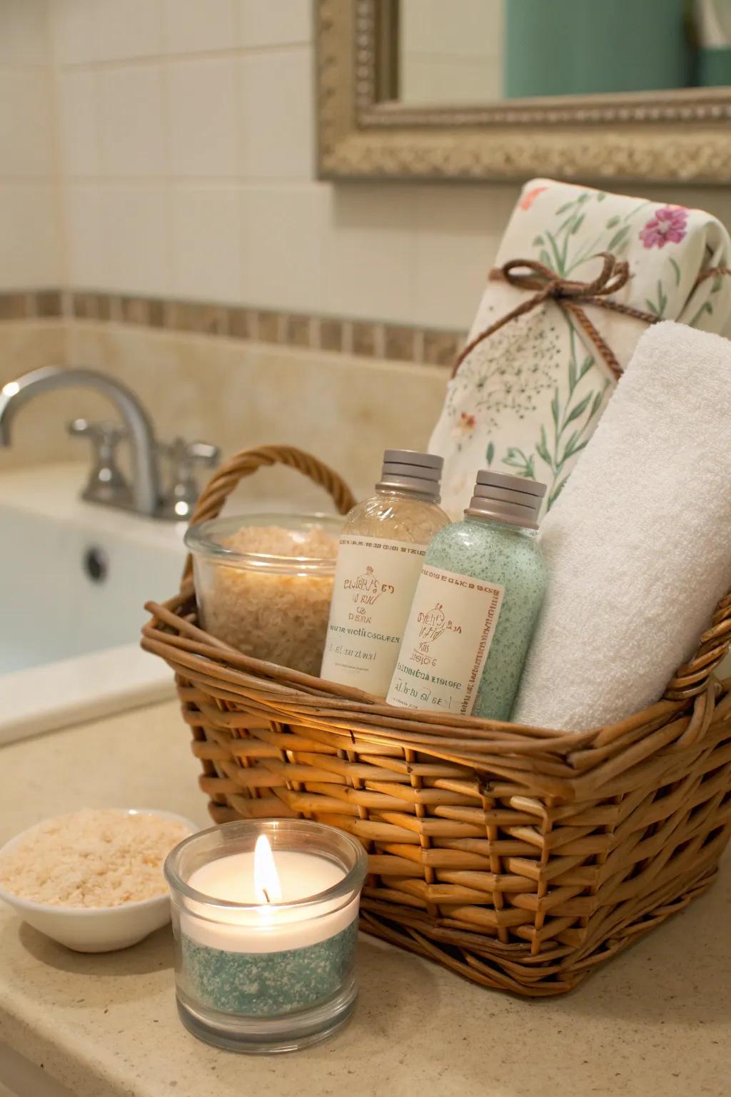A serene self-care basket, ideal for gifting new parents with relaxation.