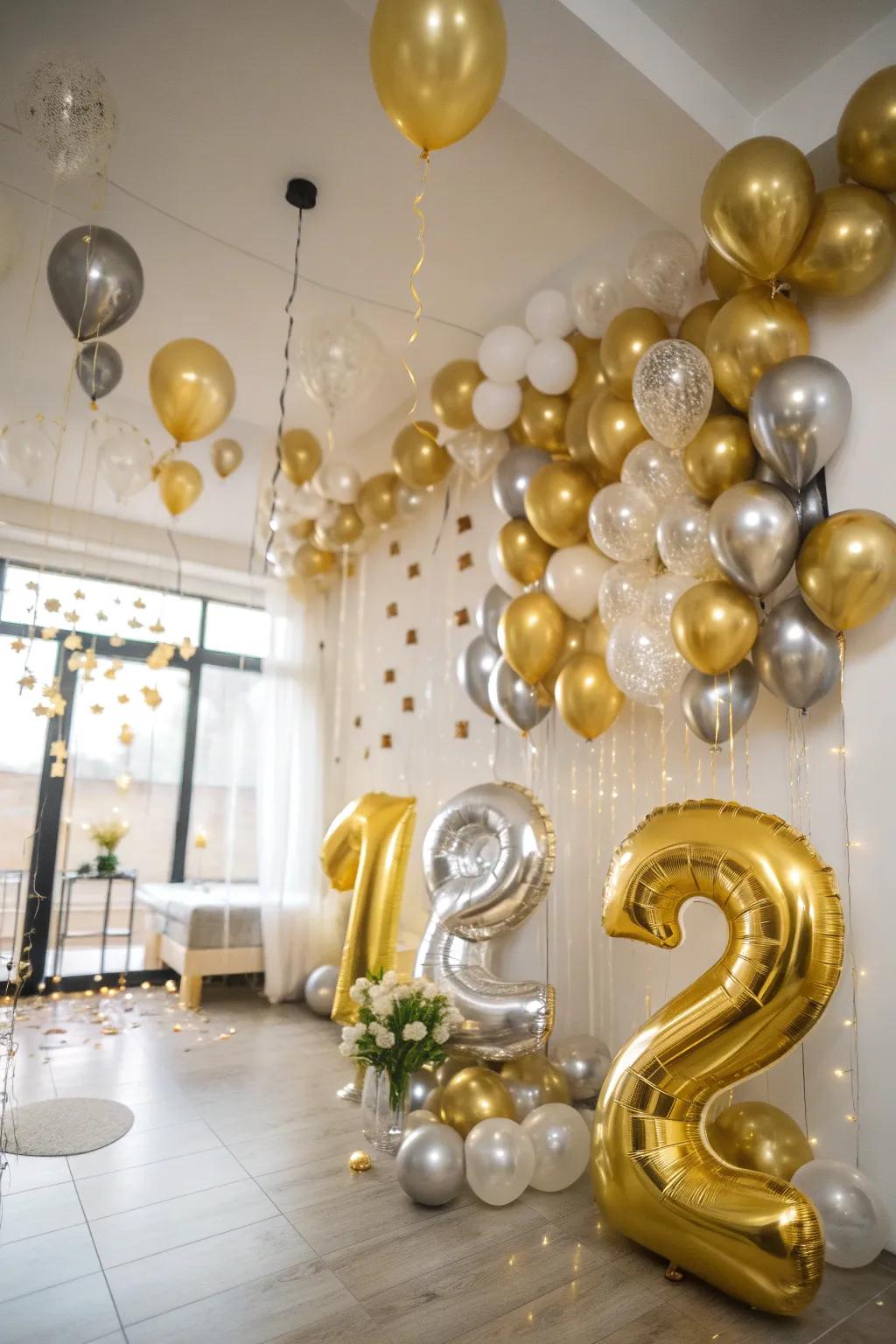 Golden and silver orbs create the perfect atmosphere for a New Year's Eve party.