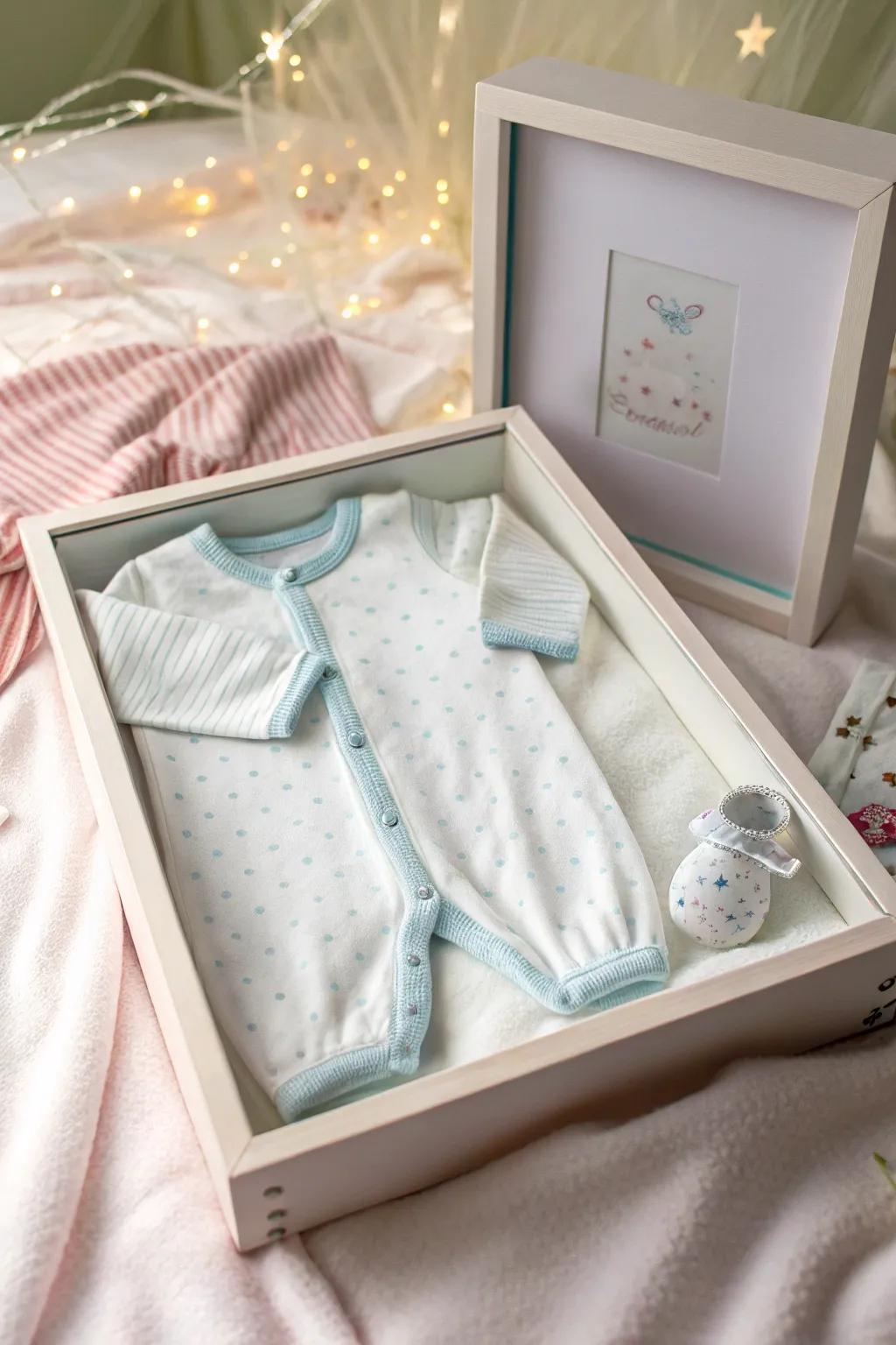A lovingly showcased onesie, symbolizing the start of a brand new journey.