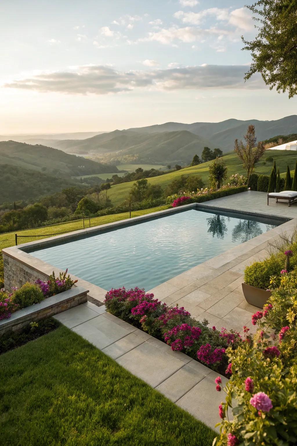An infinity pool boasting a magnificent view, giving the impression of endless water blending into the horizon.