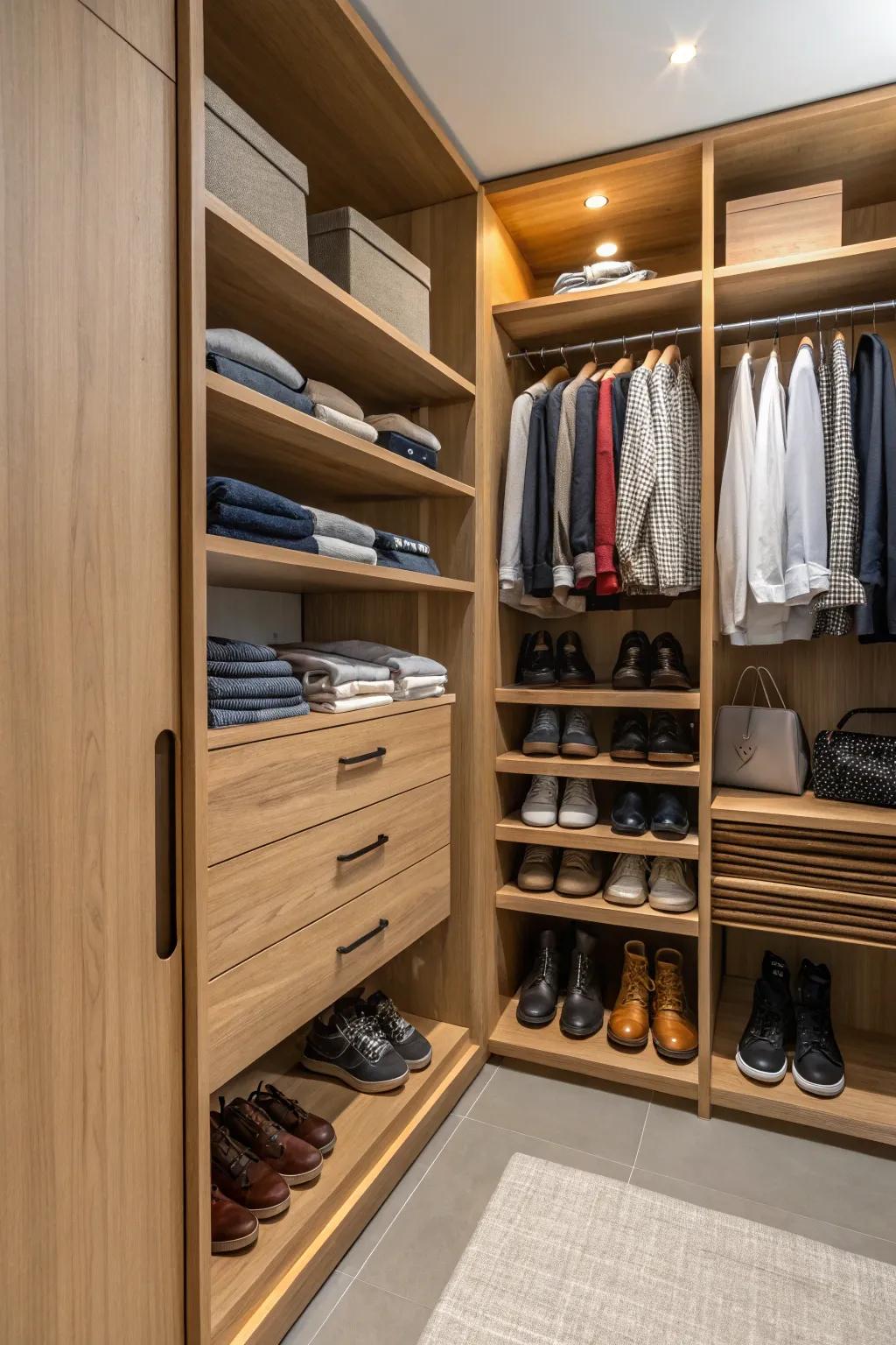 Open closet showcasing beautifully organized wood shelves