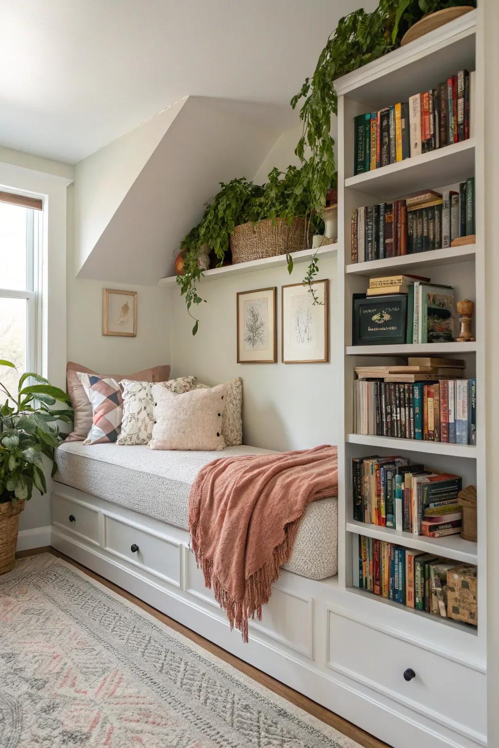 A versatile alcove featuring built-in shelves and a daybed, perfect for both reading and accommodating guests.
