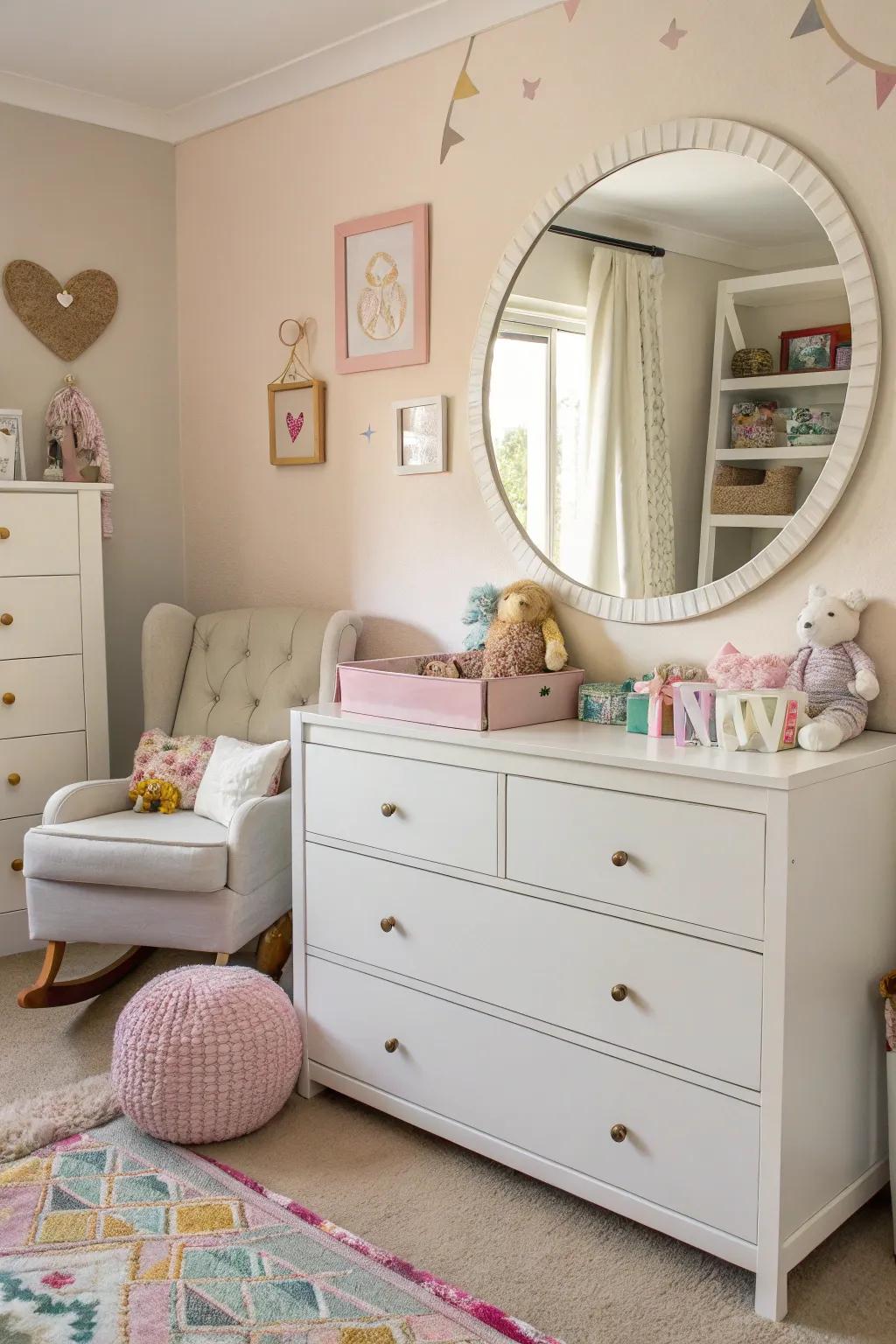 A circular mirror positioned gracefully above a white changing table in a nursery adorned with pastel hues.