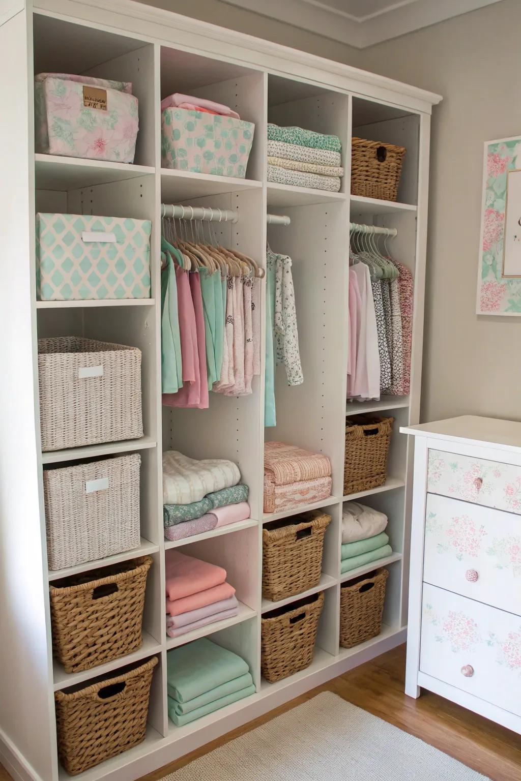 A nursery closet meticulously structured with compartments and containers, ensuring optimal organization.