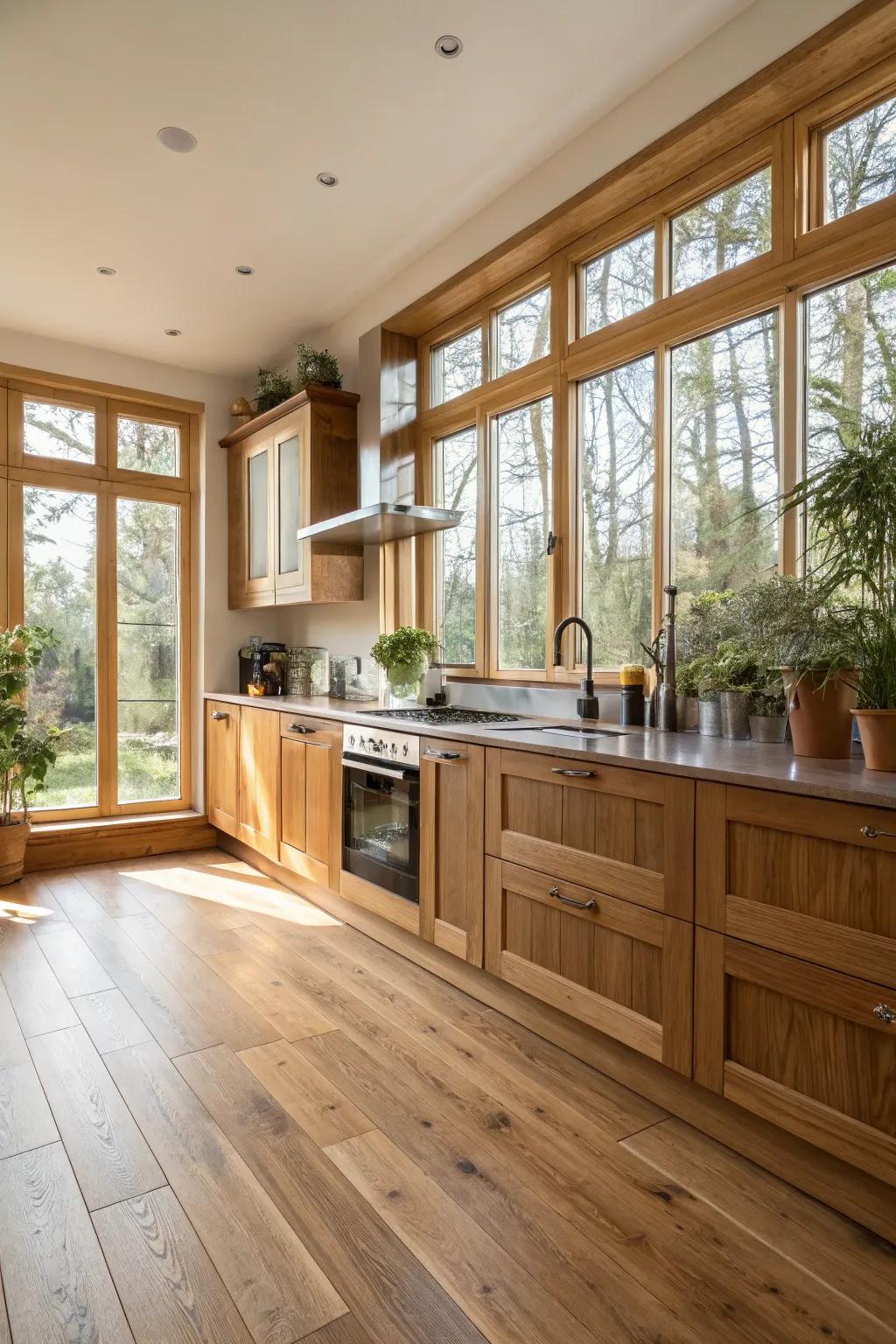 Oak floors drenched in sunlight in a roomy kitchen.