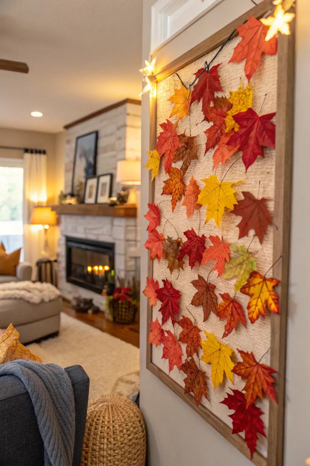 A living room bulletin board alive with the colors of autumn leaves.