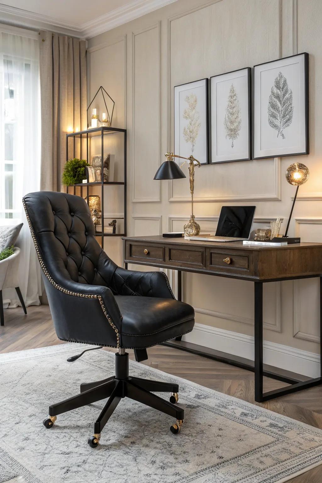 A dark bovine-skin chair enriches any personal workspace with a dash of sophistication.
