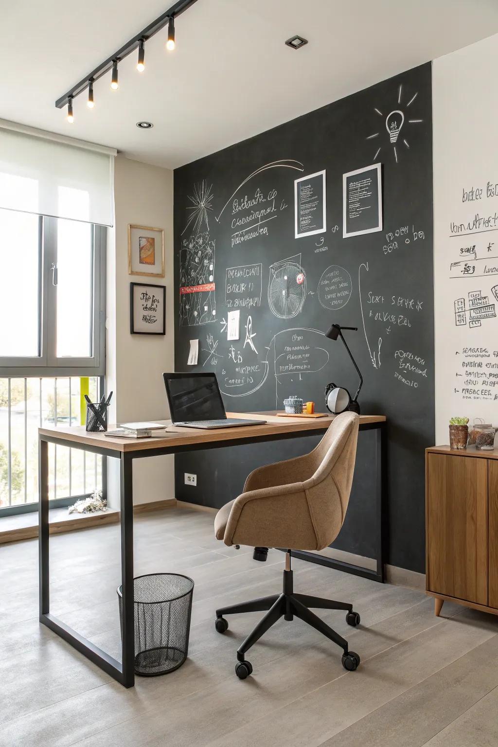 A chalkboard wall in an office, ready for creative input.