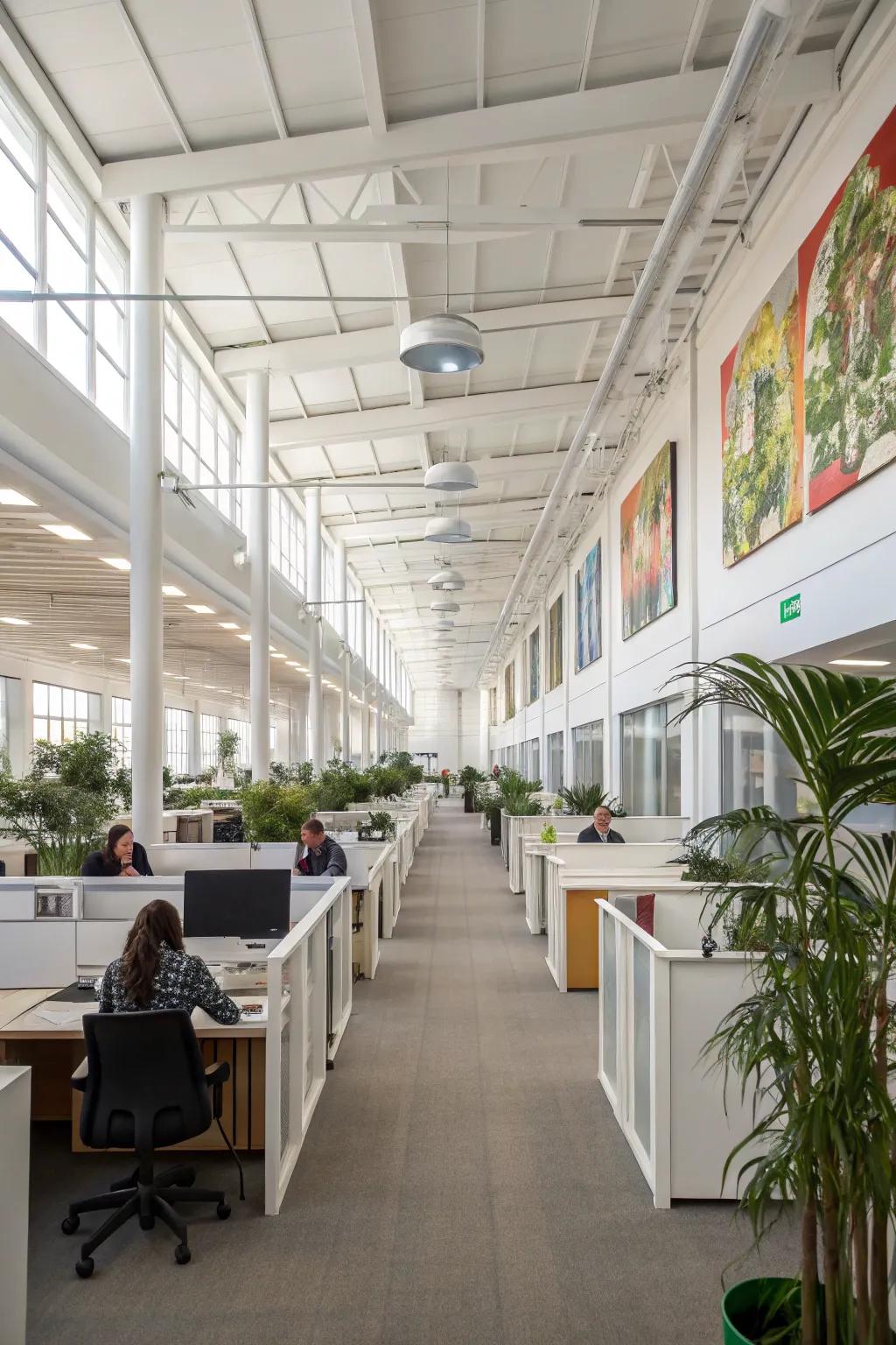 Open plan office design promoting interaction and collaborative energy.
