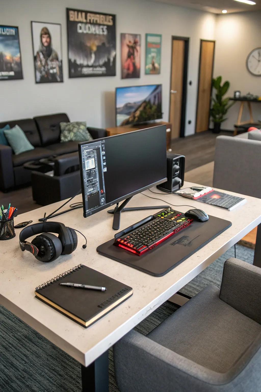 A desk that does double duty, perfect for work and play.