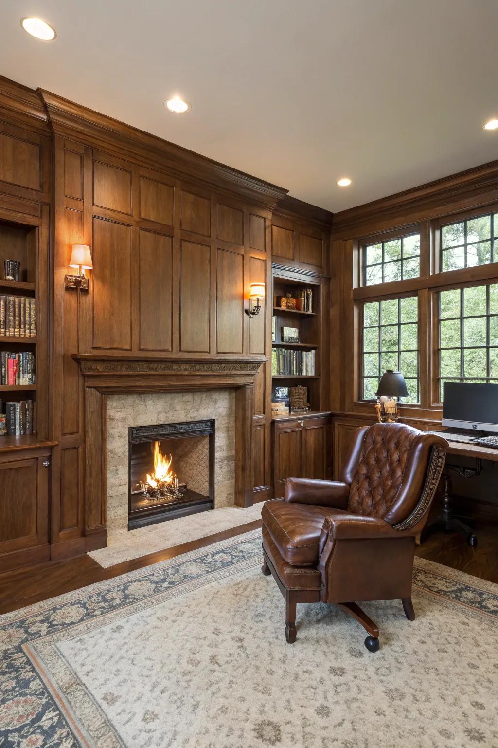 Wooden panels offer timeless elegance to this workspace.