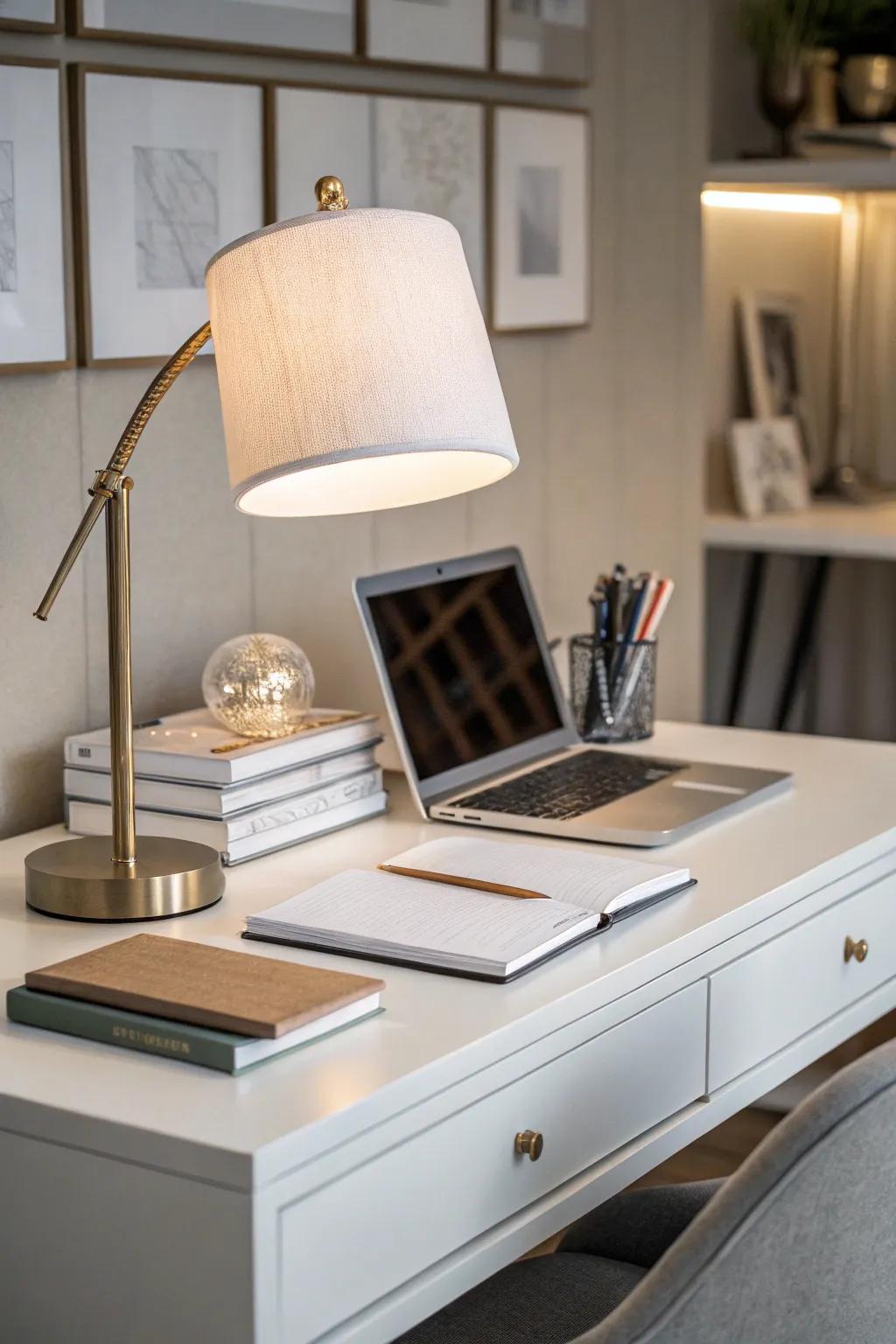 A streamlined desk arrangement offers a professional Zoom background.