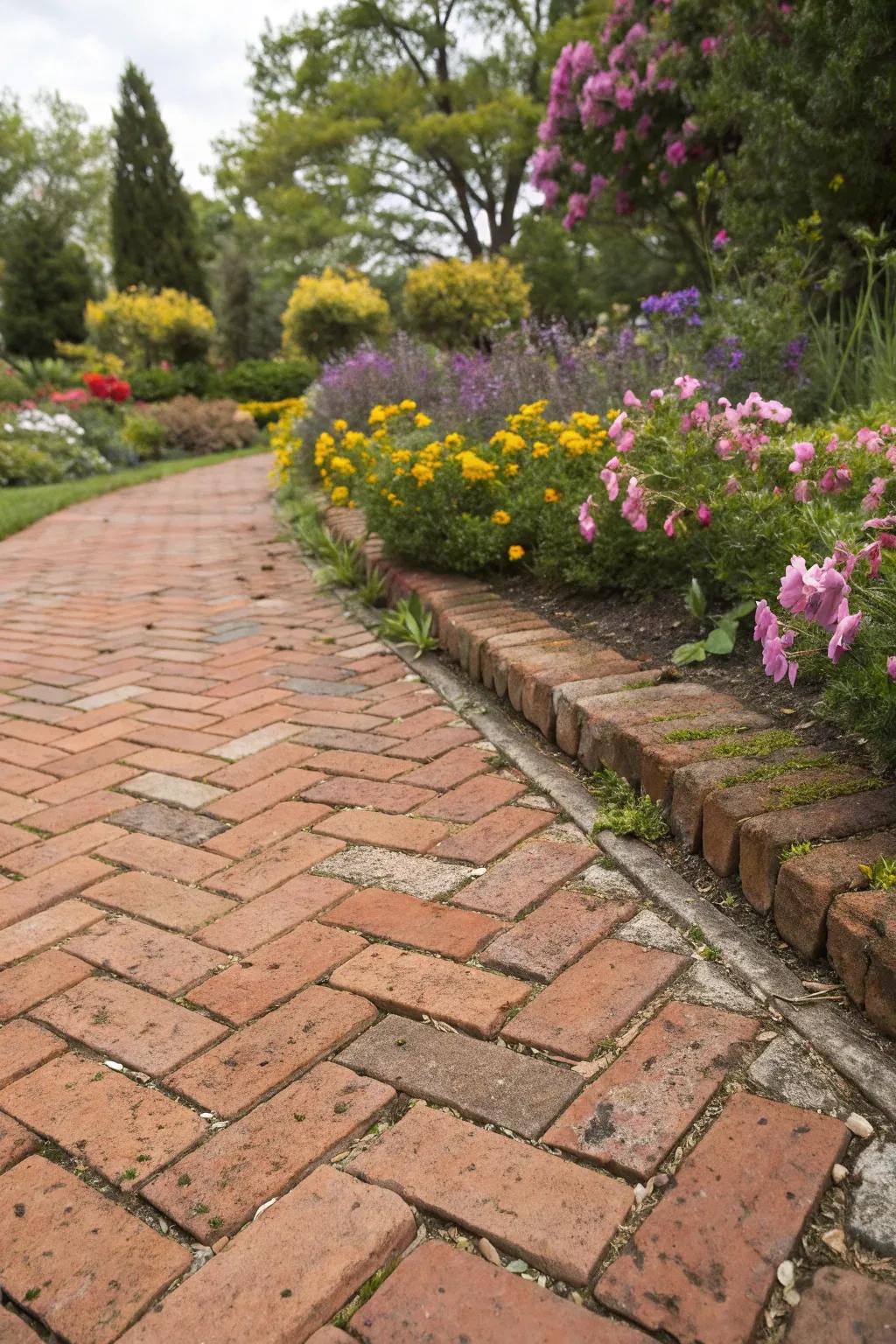 A zigzag arrangement lends classic sophistication to a brick patio