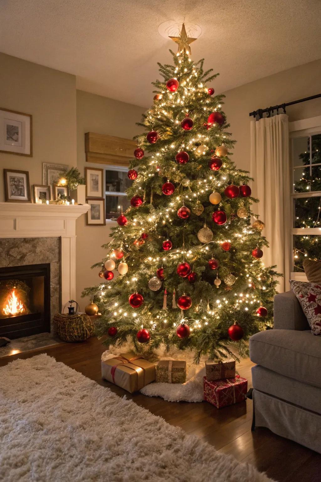 A timeless Christmas centerpiece adorned in crimson and gold imparts enduring sophistication.