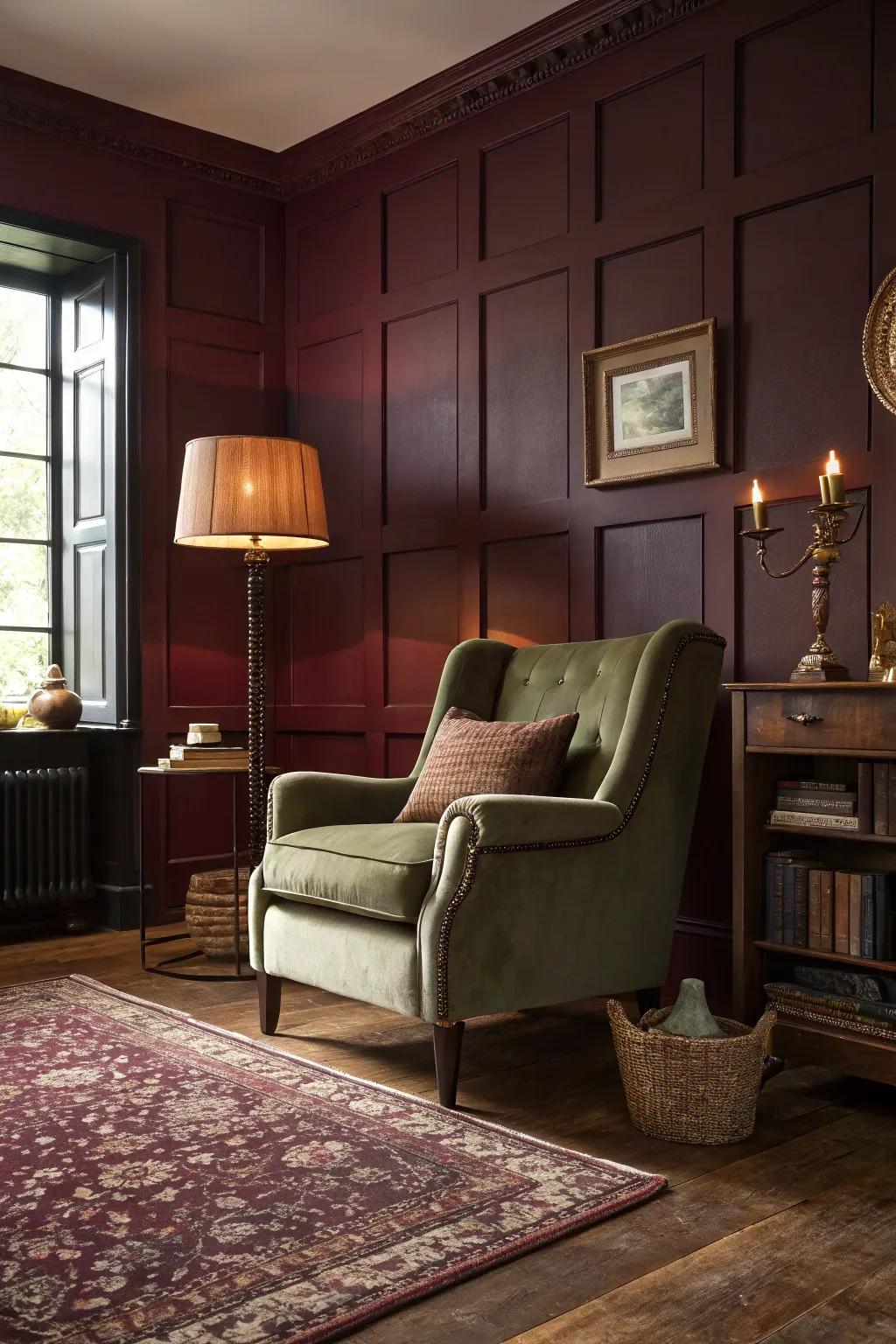 A deep, warm color palette creates the perfect atmosphere for an old-world living room.